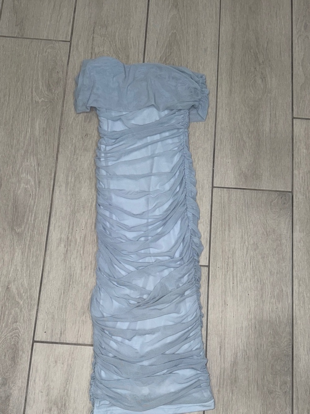 Off shoulder Ruched Midi Dress in Light Blue fashion Nova